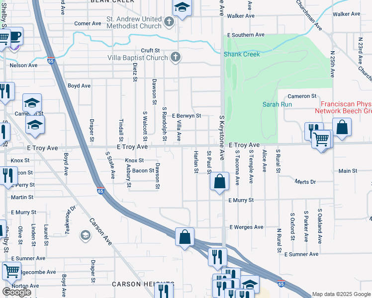 map of restaurants, bars, coffee shops, grocery stores, and more near 2201 East Troy Avenue in Indianapolis