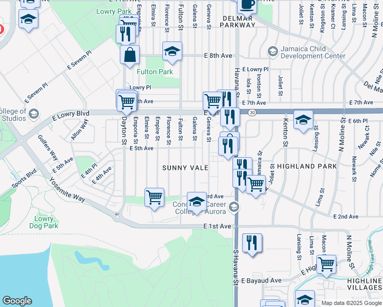 map of restaurants, bars, coffee shops, grocery stores, and more near 485 Galena Street in Aurora