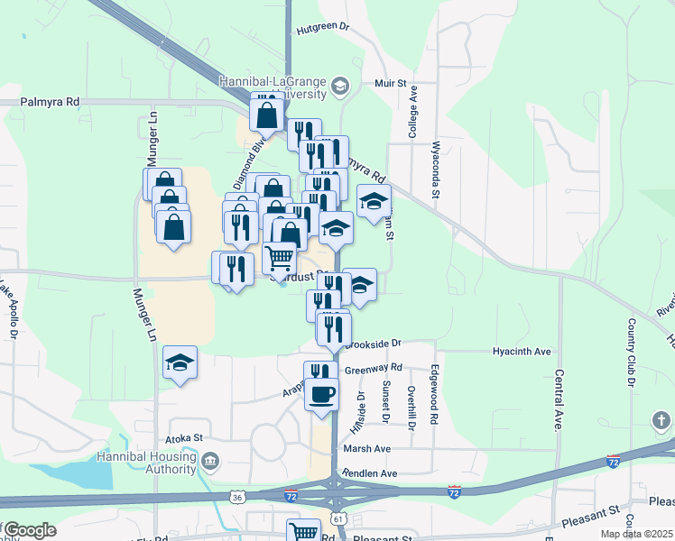 map of restaurants, bars, coffee shops, grocery stores, and more near 4500 McMasters Avenue in Hannibal