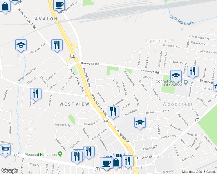 map of restaurants, bars, coffee shops, grocery stores, and more near 714 Woodtop Road in Wilmington