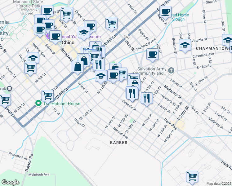 map of restaurants, bars, coffee shops, grocery stores, and more near 1200 Park Avenue in Chico