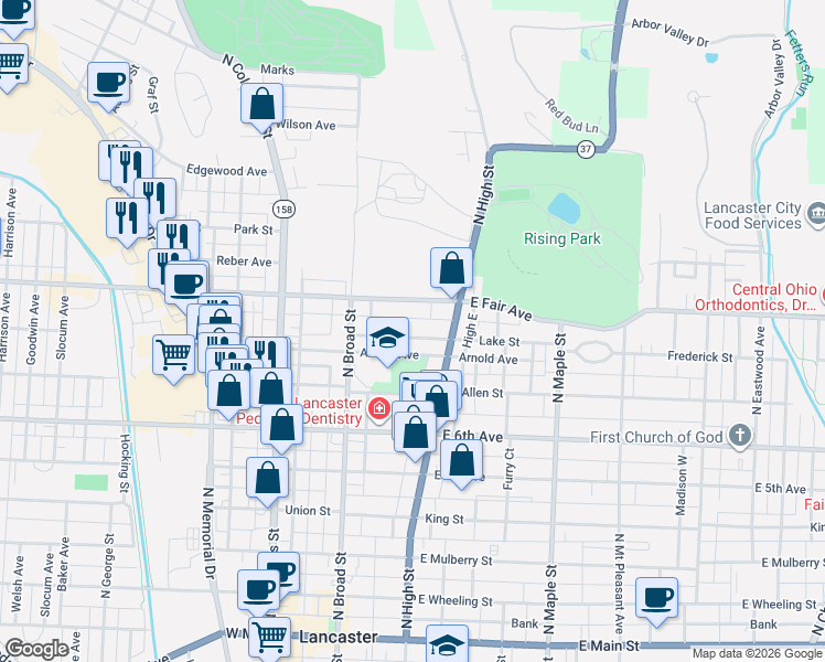 map of restaurants, bars, coffee shops, grocery stores, and more near 165 Lake Street in Lancaster