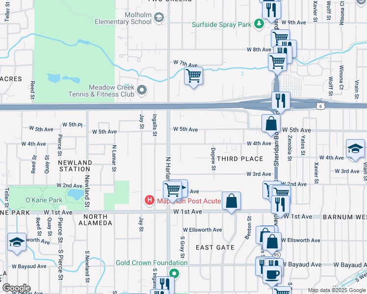 map of restaurants, bars, coffee shops, grocery stores, and more near 5890 West 4th Avenue in Lakewood