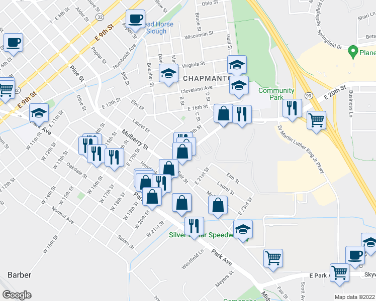 map of restaurants, bars, coffee shops, grocery stores, and more near E 20th St & Ricky Ct in Chico
