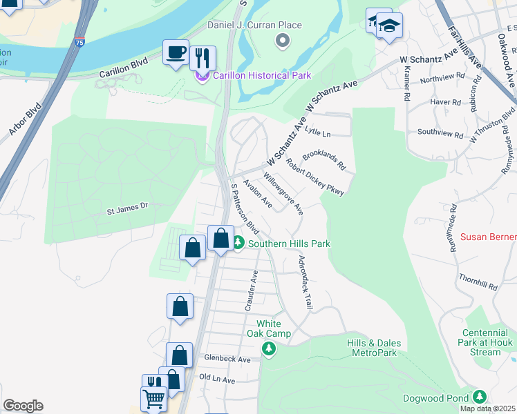map of restaurants, bars, coffee shops, grocery stores, and more near 2249 Red Bud Trail in Dayton