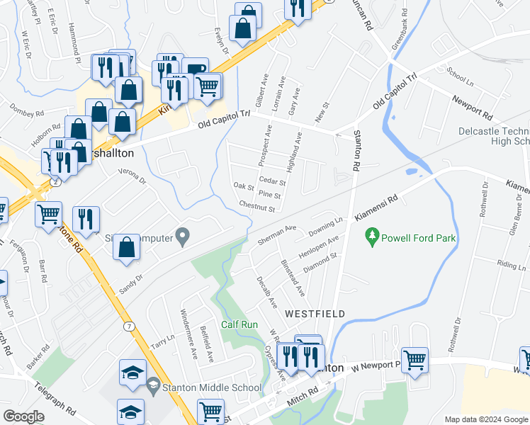 map of restaurants, bars, coffee shops, grocery stores, and more near 3908 Chestnut Street in Wilmington
