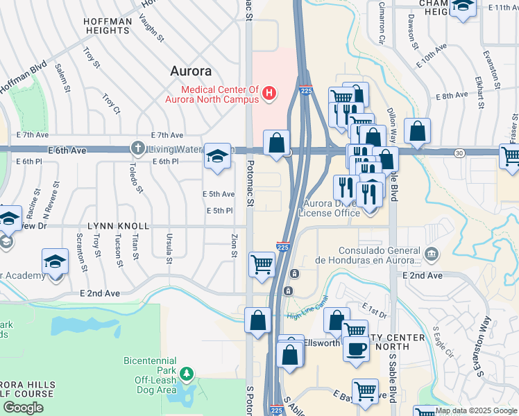 map of restaurants, bars, coffee shops, grocery stores, and more near 13700 East 5th Circle in Aurora