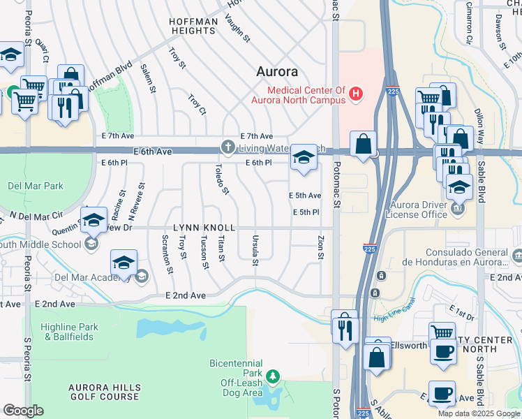 map of restaurants, bars, coffee shops, grocery stores, and more near 459 Ursula Street in Aurora