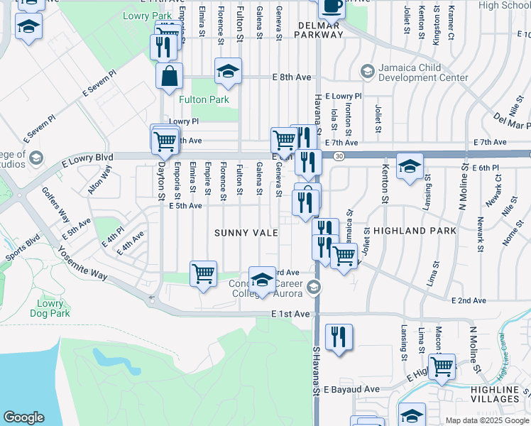 map of restaurants, bars, coffee shops, grocery stores, and more near 485 Galena Street in Aurora
