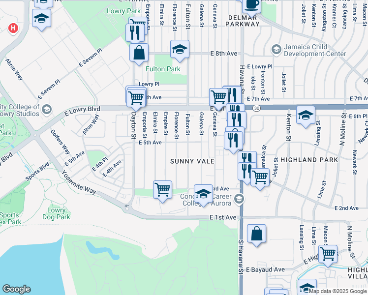 map of restaurants, bars, coffee shops, grocery stores, and more near 493 Fulton Street in Aurora