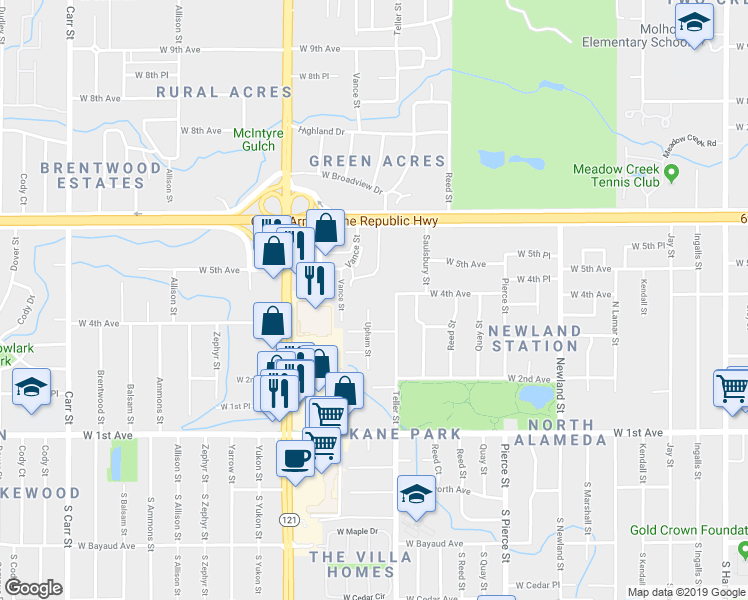 map of restaurants, bars, coffee shops, grocery stores, and more near 397 Upham Street in Lakewood