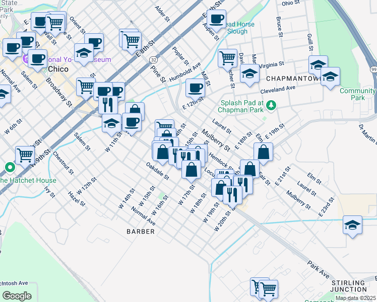 map of restaurants, bars, coffee shops, grocery stores, and more near in Chico
