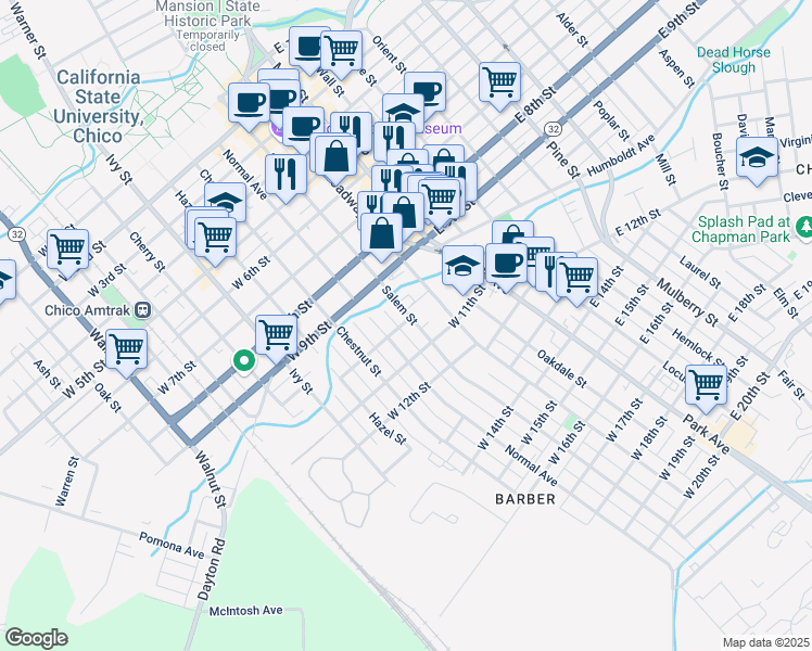 map of restaurants, bars, coffee shops, grocery stores, and more near 986 Salem Street in Chico