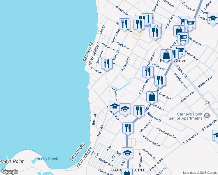 map of restaurants, bars, coffee shops, grocery stores, and more near 222 South Broad Street in Penns Grove