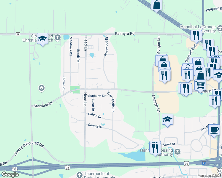 map of restaurants, bars, coffee shops, grocery stores, and more near 4172 Stardust Drive in Hannibal