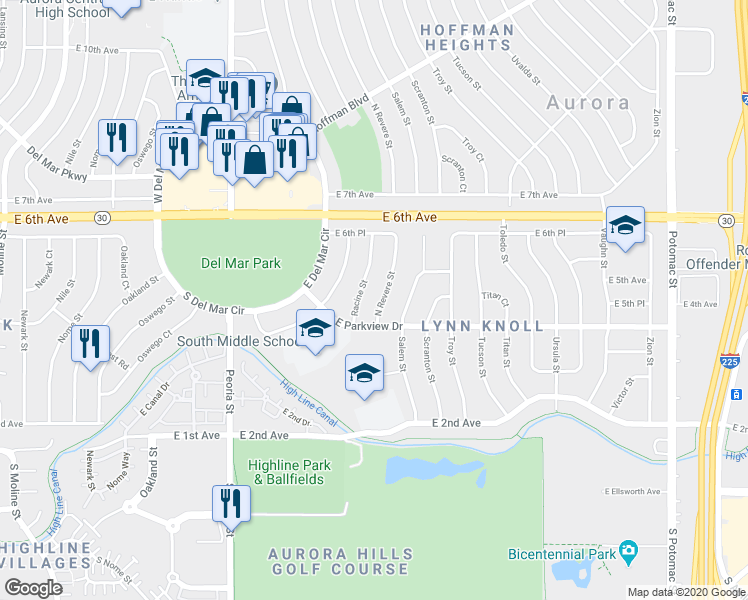 map of restaurants, bars, coffee shops, grocery stores, and more near 455 North Revere Street in Aurora
