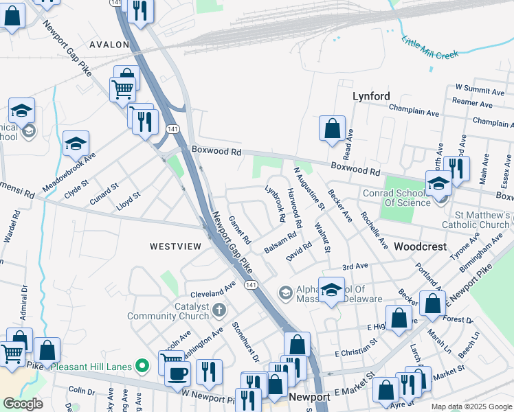 map of restaurants, bars, coffee shops, grocery stores, and more near 714 Woodtop Road in Wilmington
