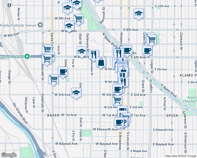 map of restaurants, bars, coffee shops, grocery stores, and more near 421 Bannock Street in Denver