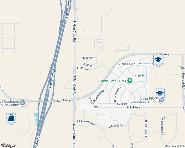 map of restaurants, bars, coffee shops, grocery stores, and more near 23546 East 5th Place in Aurora