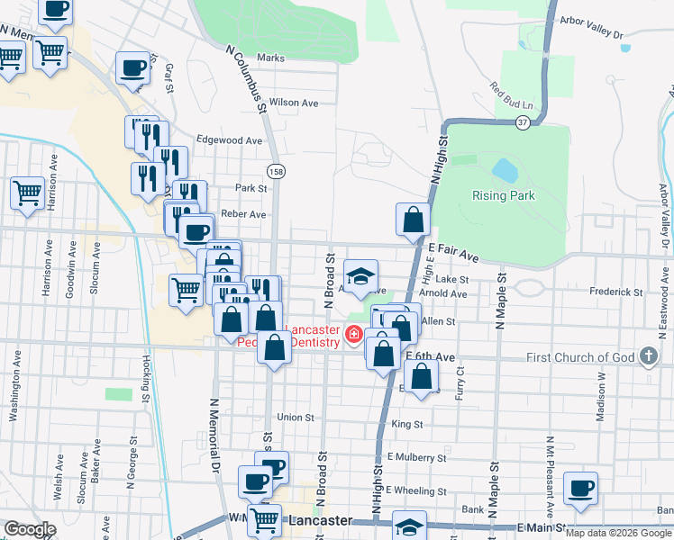 map of restaurants, bars, coffee shops, grocery stores, and more near 125 Lake Street in Lancaster