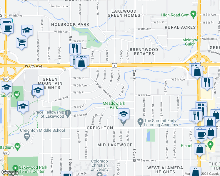 map of restaurants, bars, coffee shops, grocery stores, and more near 420 Dudley Street in Lakewood