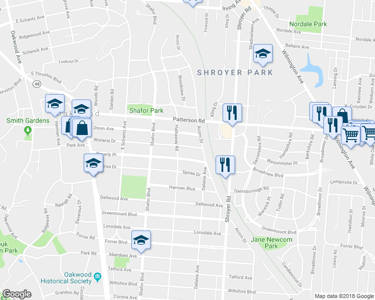 map of restaurants, bars, coffee shops, grocery stores, and more near 326 Wisteria Drive in Dayton