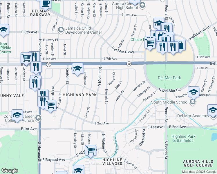map of restaurants, bars, coffee shops, grocery stores, and more near 468 Newark Street in Aurora
