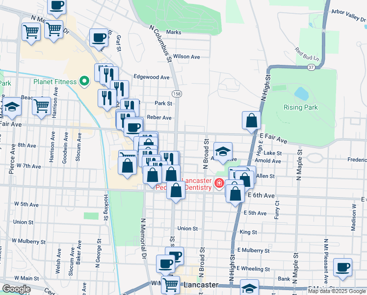 map of restaurants, bars, coffee shops, grocery stores, and more near 821 Maywood Avenue in Lancaster