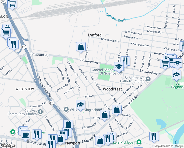 map of restaurants, bars, coffee shops, grocery stores, and more near 610 Fallon Avenue in Wilmington