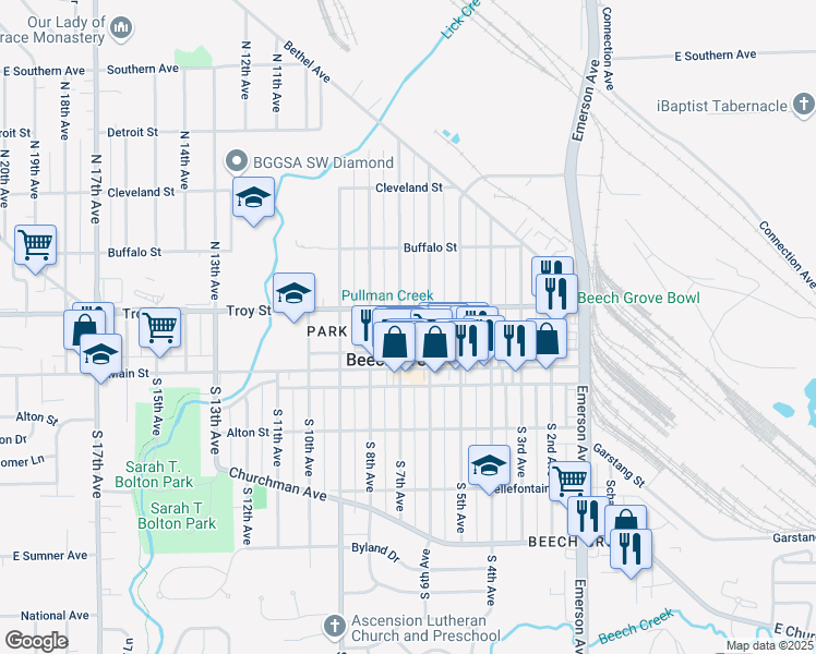 map of restaurants, bars, coffee shops, grocery stores, and more near 75 North 7th Avenue in Beech Grove