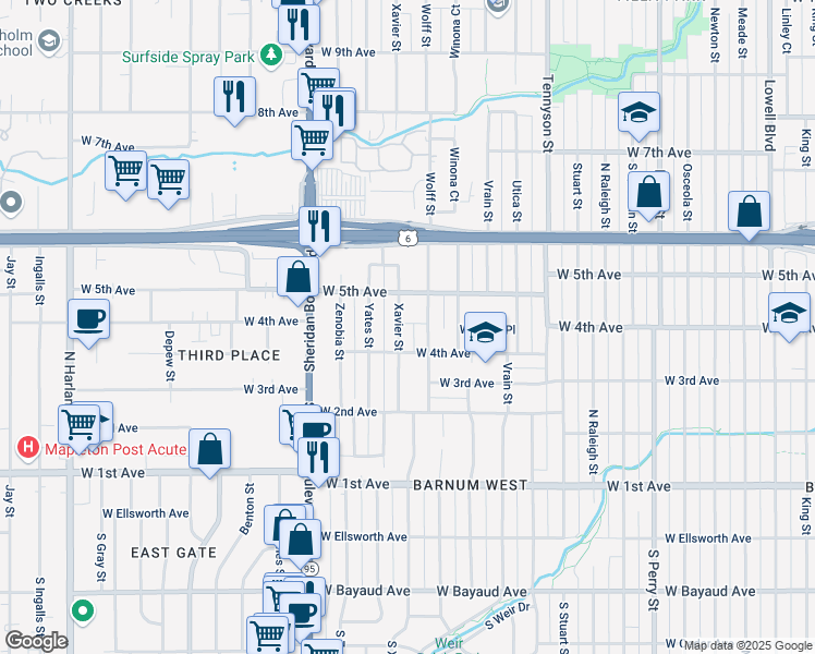map of restaurants, bars, coffee shops, grocery stores, and more near 436 Xavier Street in Denver