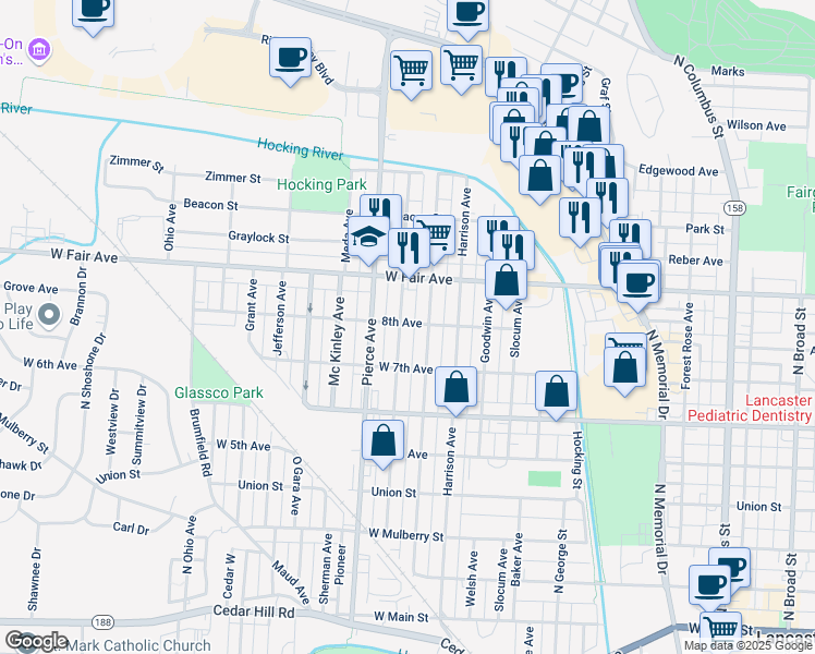 map of restaurants, bars, coffee shops, grocery stores, and more near 740 Garfield Avenue in Lancaster