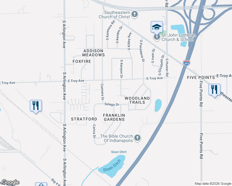 map of restaurants, bars, coffee shops, grocery stores, and more near 6352 Birds Eye Drive in Indianapolis
