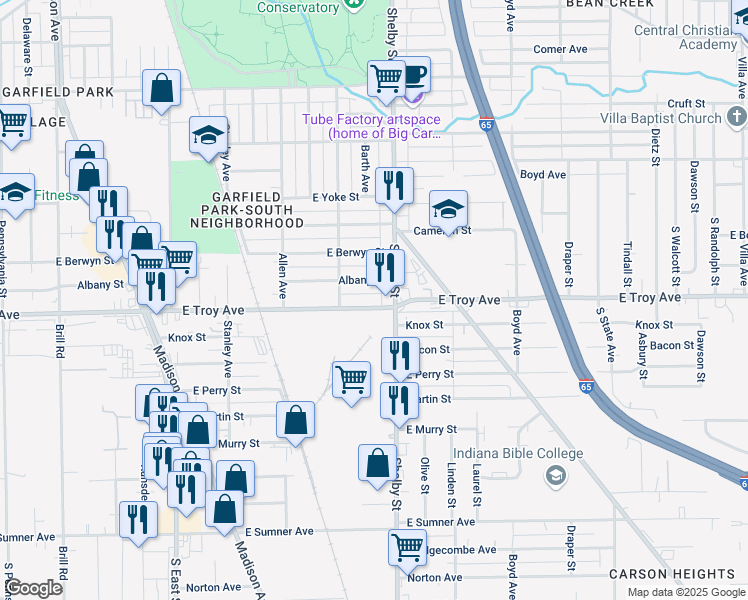 map of restaurants, bars, coffee shops, grocery stores, and more near 1044 East Troy Avenue in Indianapolis