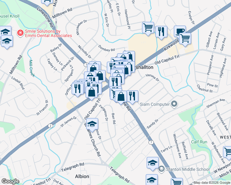 map of restaurants, bars, coffee shops, grocery stores, and more near 2082 Limestone Road in Wilmington