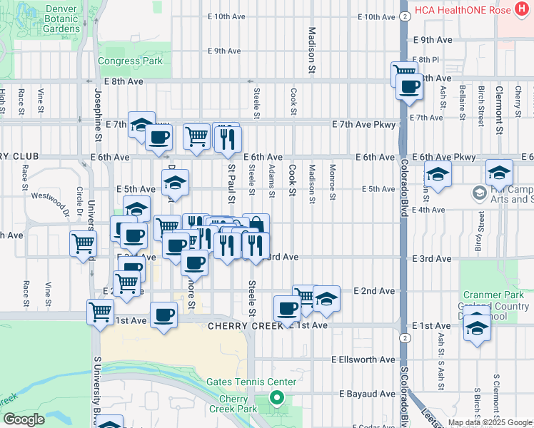 map of restaurants, bars, coffee shops, grocery stores, and more near 417 Adams Street in Denver