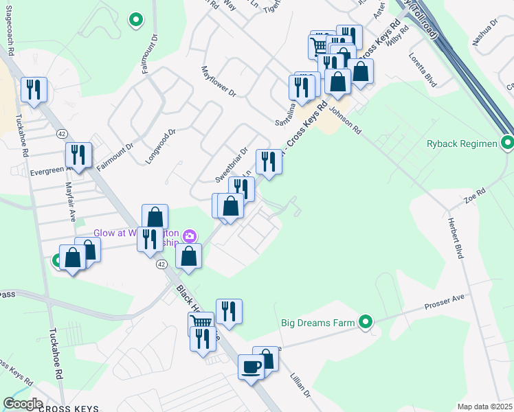 map of restaurants, bars, coffee shops, grocery stores, and more near 1125 Fawn Drive in Monroe Township