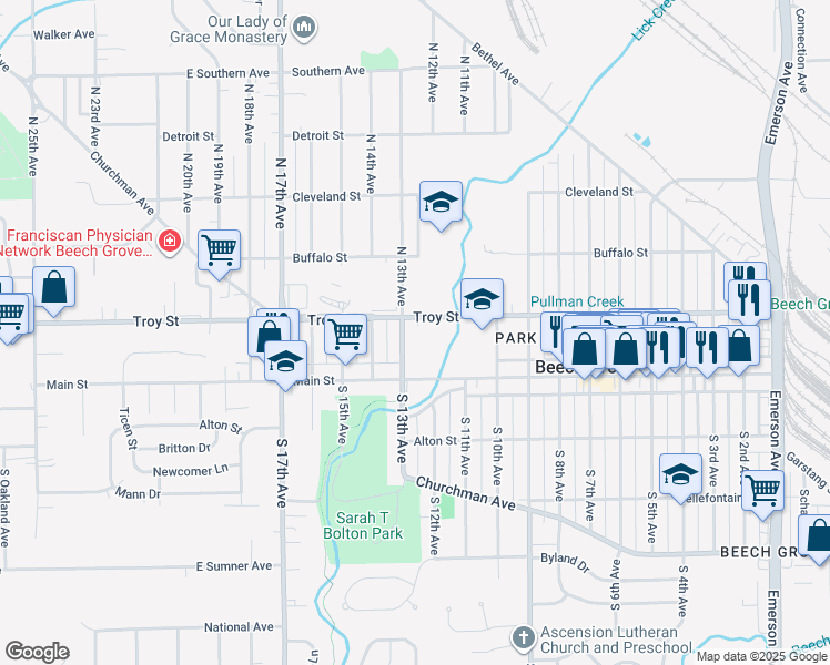 map of restaurants, bars, coffee shops, grocery stores, and more near 85 North 13th Avenue in Beech Grove