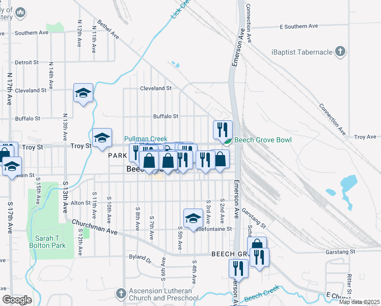 map of restaurants, bars, coffee shops, grocery stores, and more near 76 North 4th Avenue in Beech Grove