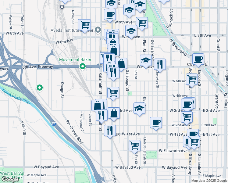 map of restaurants, bars, coffee shops, grocery stores, and more near 418 Santa Fe Drive in Denver