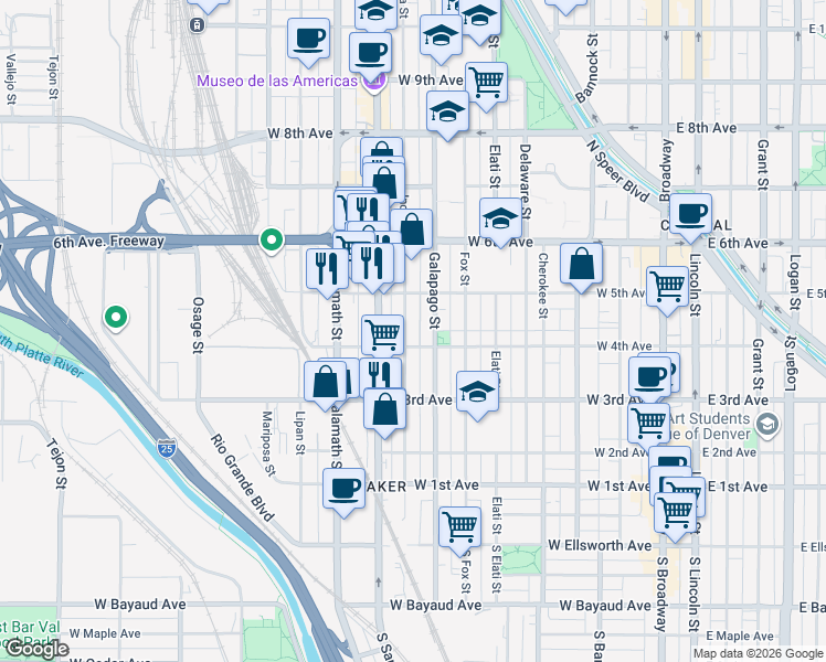 map of restaurants, bars, coffee shops, grocery stores, and more near 422 Inca Street in Denver