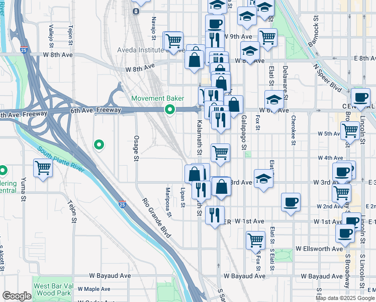 map of restaurants, bars, coffee shops, grocery stores, and more near 424 Lipan Street in Denver