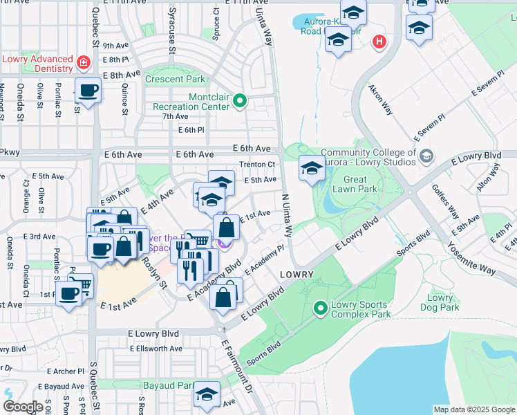 map of restaurants, bars, coffee shops, grocery stores, and more near 8155 East 1st Avenue in Denver