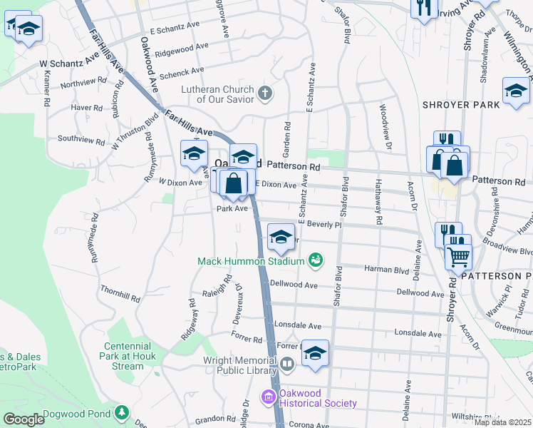 map of restaurants, bars, coffee shops, grocery stores, and more near 7 Beverly Place in Dayton