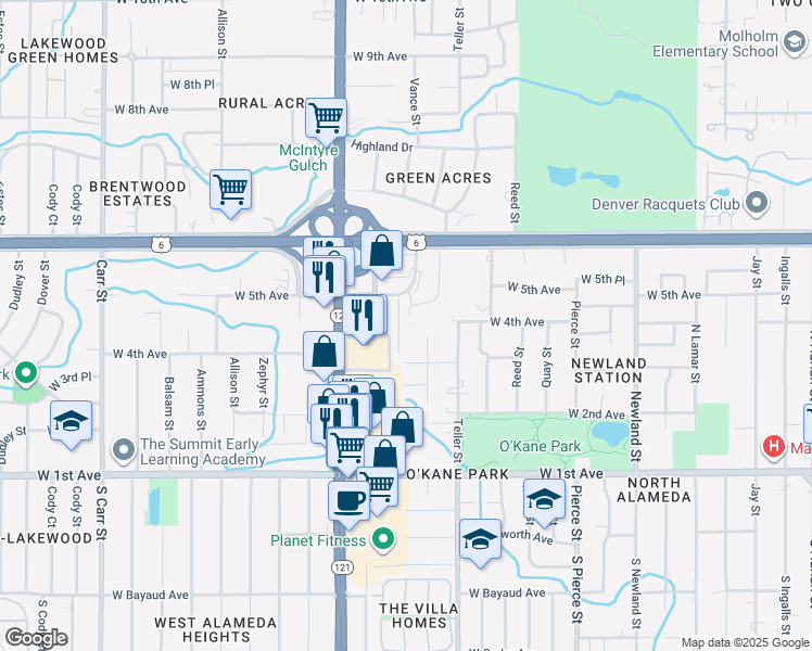 map of restaurants, bars, coffee shops, grocery stores, and more near 404 Vance Street in Lakewood