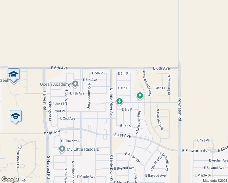 map of restaurants, bars, coffee shops, grocery stores, and more near 420 North Langdale Way in Aurora