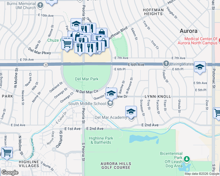 map of restaurants, bars, coffee shops, grocery stores, and more near 167 E Del Mar Circle in Aurora