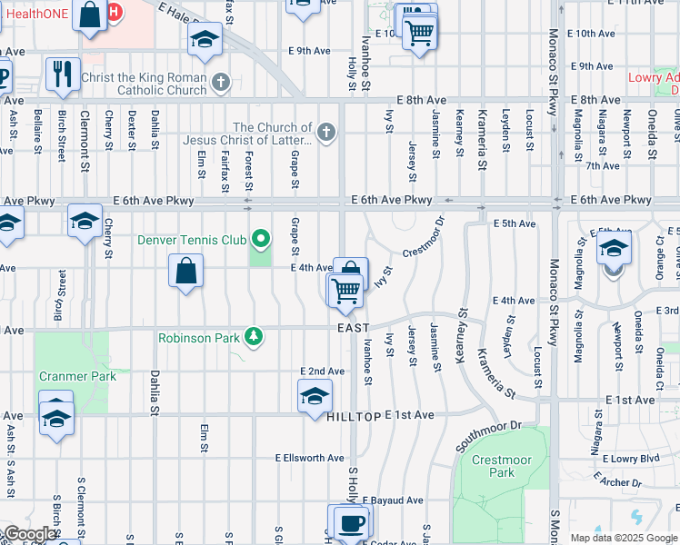 map of restaurants, bars, coffee shops, grocery stores, and more near 390 Hudson Street in Denver