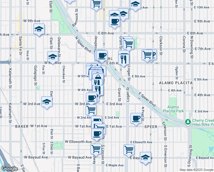 map of restaurants, bars, coffee shops, grocery stores, and more near 201 East 4th Avenue in Denver