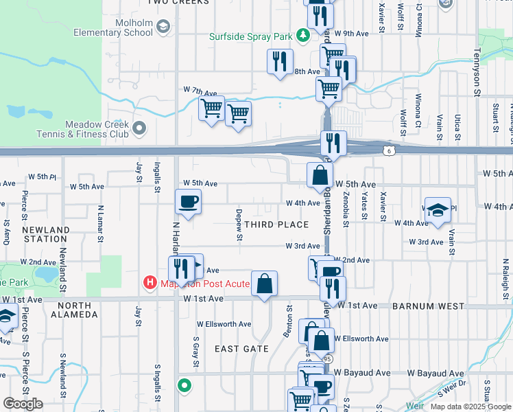map of restaurants, bars, coffee shops, grocery stores, and more near 5484 West 4th Avenue in Denver